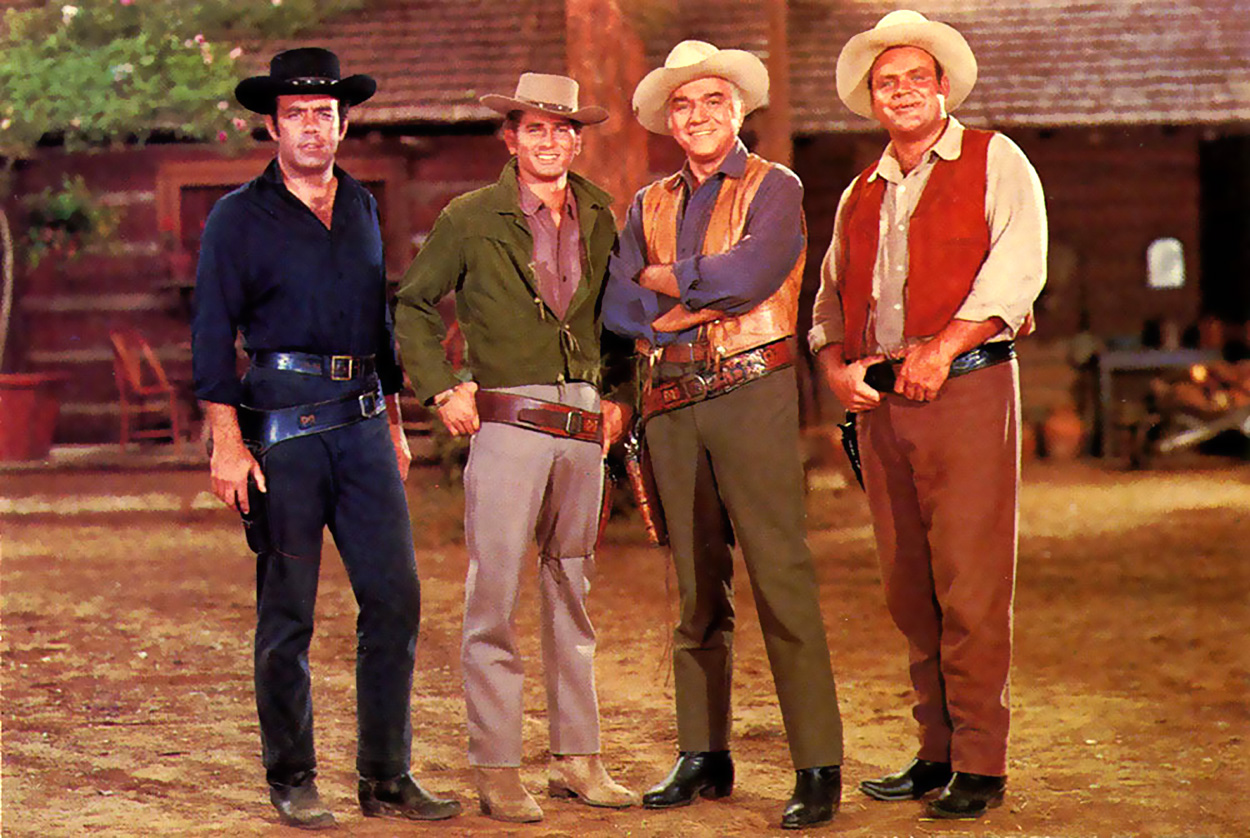 Bonanza - Adam (Pernell Roberts), Little Joe (Michael Landon), Ben Cartwright (Lorne Greene) and Hoss (Dan Blocker) 