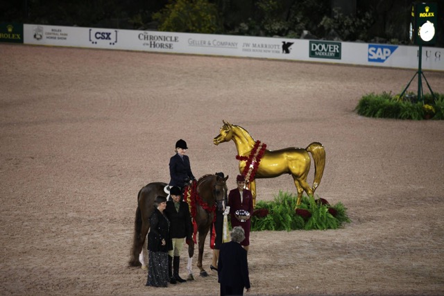 PA Mayhem - Gold Champion Arabian Hunter Pleasure with trainer/pro rider Caralyn Ms. Schroter (standing) & amateur rider Brooke Hines, photo courtesy of RCPHS 