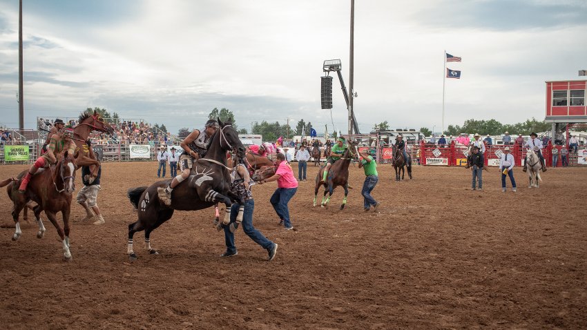 Race action during the Indian relay world championship in Sheridan, Wyoming (Nate Bressler)