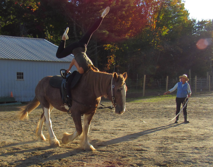 Cynthia Andrews performs the two-part “scissors” on Rosie as her mother guides the trotting draft horse. The rider’s legs are first thrust back propelling the vaulter. Ellsworth American Photo by Maxwell Hauptman 