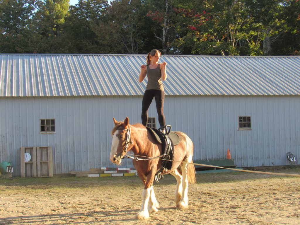 Aurora Vaulters coach and vaulter Cynthia Andrews demonstrates some of the compulsory exercises atop 13-year-Rosie. Deb Andrews (not visible) directs the Shire mare in a giant circle at the East Lamoine farm. Ellsworth American Photo by Maxwell Hauptman